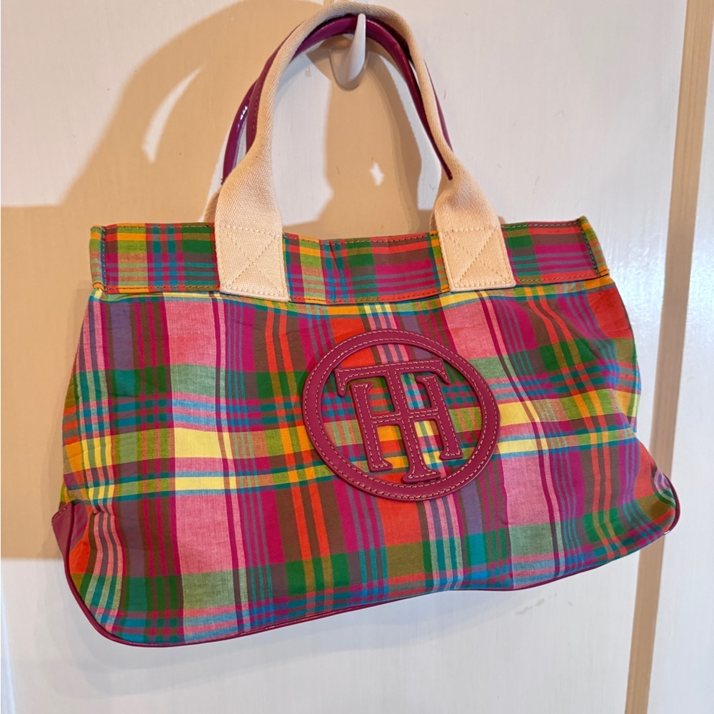 Tommy Hilfiger Plaid Madras Tote Purse TH Logo Multicolor Preppy Canvas Y2K Bag - Picture 2 of 7